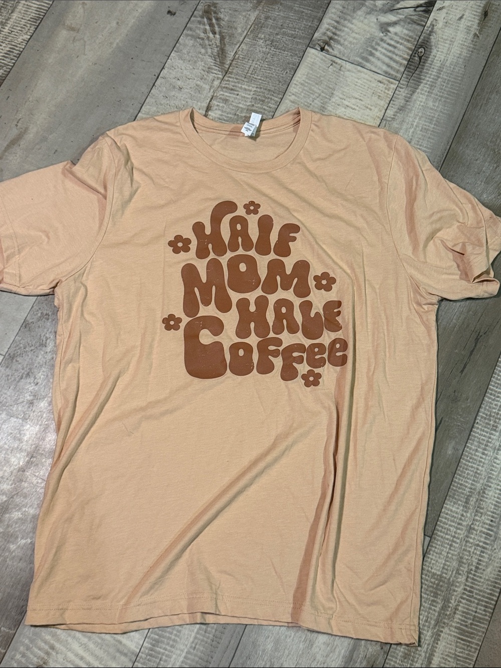 Bella Canvas Peach Tee with Brown Retro 'Half Mom Half Coffee' Graphic